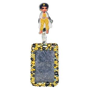 Bling Pearl Fashion Work Name Badge ID Card Holder & Retractable Reel Clip Gold